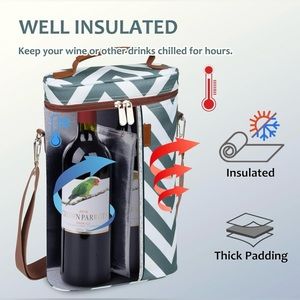 Wine bottle tote in chevron grayish green and brown leather straps